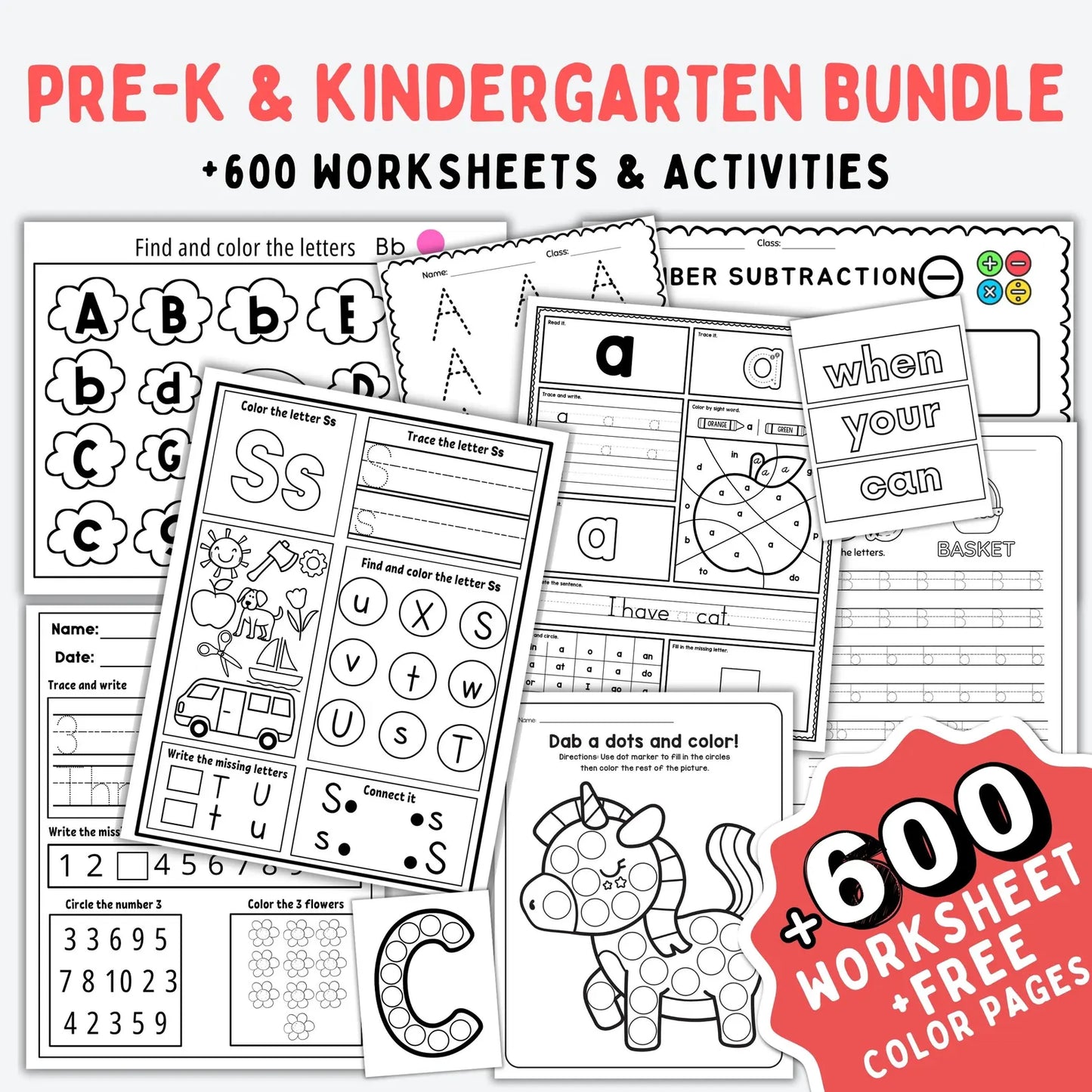 Preschool Kindergarten learning BUNDLE | +600 Pages | PRINTABLE Worksheets | Alphabet, Dot To Dot, Tracing, Coloring, Sight Words