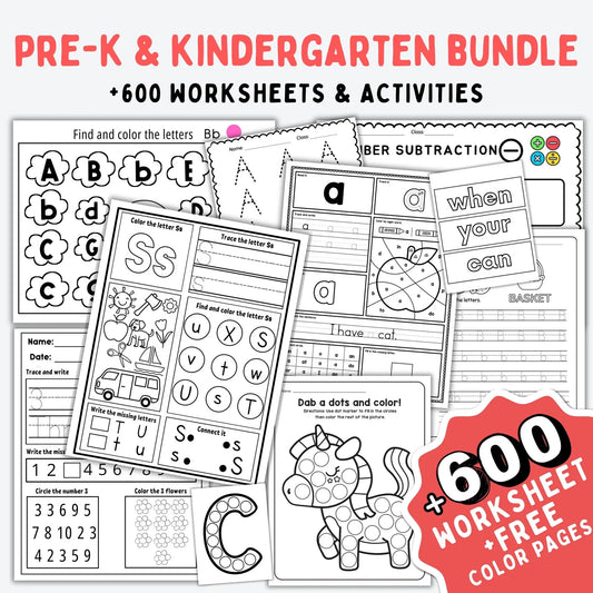 Preschool Kindergarten learning BUNDLE | +600 Pages | PRINTABLE Worksheets | Alphabet, Dot To Dot, Tracing, Coloring, Sight Words