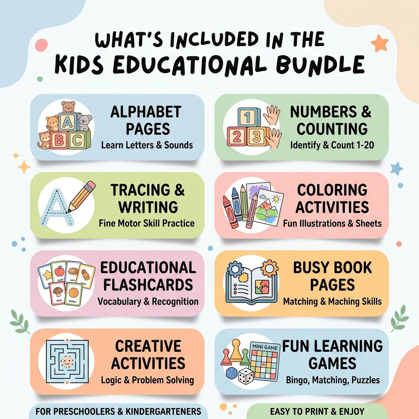 Kids Learning Bundle printable pages,coloring book,worksheets, games,number