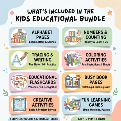 Kids Learning Bundle printable pages,coloring book,worksheets, games,number