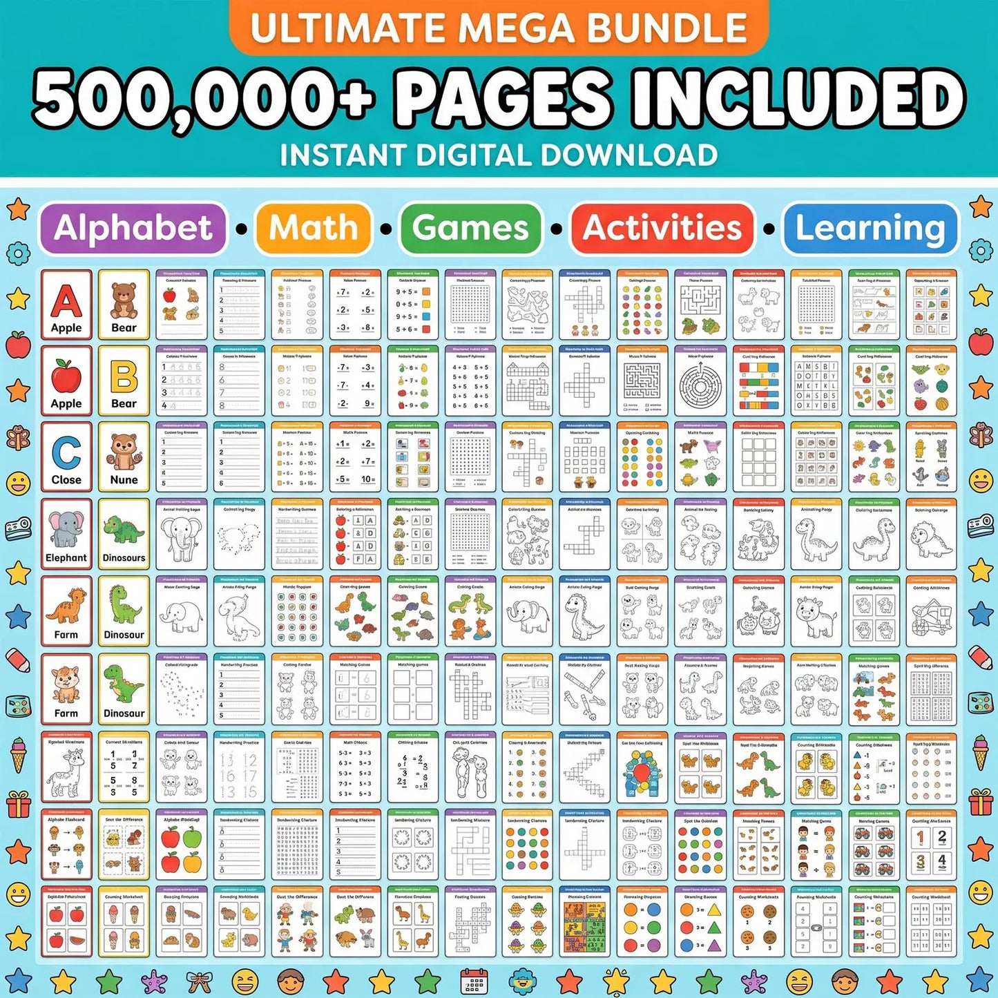 Kids Learning Bundle printable pages,coloring book,worksheets, games,number